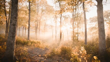 scenic foggy autumn forest with sunlight nature landscape ai generated image