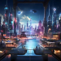 Fotobehang Sci-fi city skyline with holographic billboards. © Cao