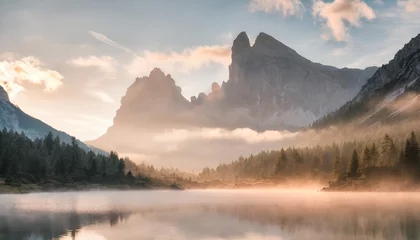 Deurstickers wonderful federa lake natural scenery during sunrise awesome landscape foggy dolomites alps with forest under sunlight travel in nature beautiful sunrise with lake and majestic mountains © Adrian