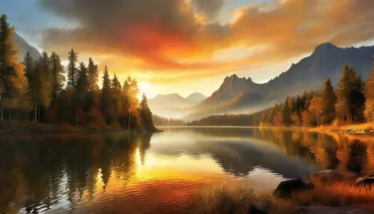 Foto op Aluminium forest and mountains digital painting 4k background wallpaper of forest trees pines clouds mountains and sunset over a lake beautiful drawing sketch of digital nature landscape © Adrian