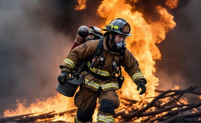 Naklejka premium Firefighter fighting with big fire