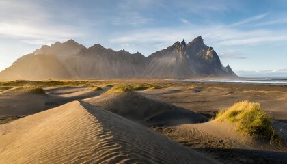 sand dunes on the stokksnes on southeastern icelandic coast with vestrahorn batman mountain iceland europe - obrazy, fototapety, plakaty