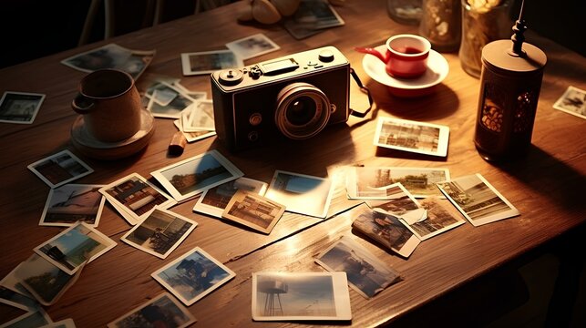 A wooden table adorned with a nostalgic photo album capturing summer journey memories, surrounded by instant photos taken with a vintage camera.