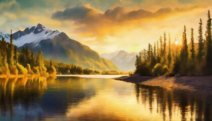 great outdoors digital painting 4k landscape of nature with trees mountains clouds and river lake alaska canada landscape painting wallpaper background bright environment illustration