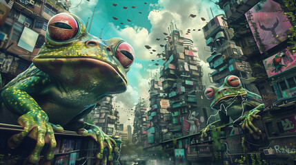 Surreal Frogs Overlooking a Futuristic Cityscape