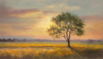 vintage oil painting sunset lonely tree nature landscape