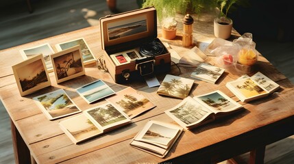 A wooden table adorned with a nostalgic photo album capturing summer journey memories, surrounded by instant photos taken with a vintage camera. - obrazy, fototapety, plakaty