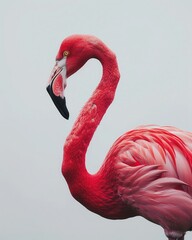 Fototapeta premium A lone vibrant pink flamingo against a stark white background, embodying elegance and simplicity