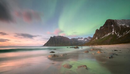 aurora borealis haukland beach lofoten islands - obrazy, fototapety, plakaty