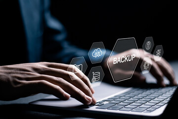 Backup storage data technology concept. Backup online documentation database and digital file storage system or software, file access, doc sharing.