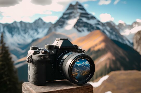An HD image featuring a camera against a majestic mountainous panorama, the perfect representation for World Photography Day, with room for personalized text.