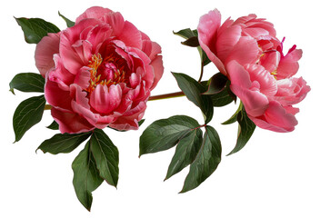 Two pink flowers with green leaves, cut out - stock png.