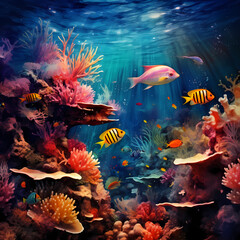 Naklejka na ściany i meble Underwater scene with colorful coral and exotic fishes