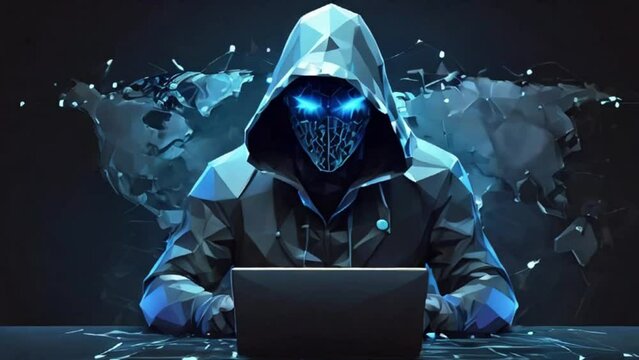 Abstract polygonal hacker with laptop on technology dark background. Cyber attack and cyber security concept