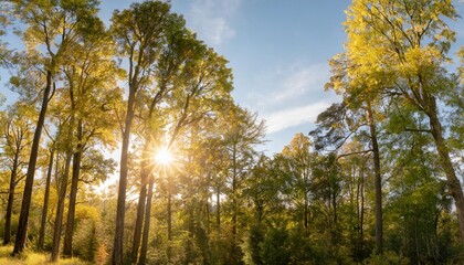 scenic forest of deciduous trees with blue sky and the bright sun illuminating the vibrant green foliage panoramic view