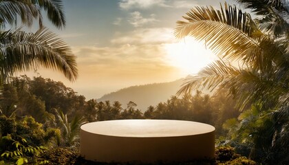 circle podium in tropical forest for product presentation behind is a view of the sky