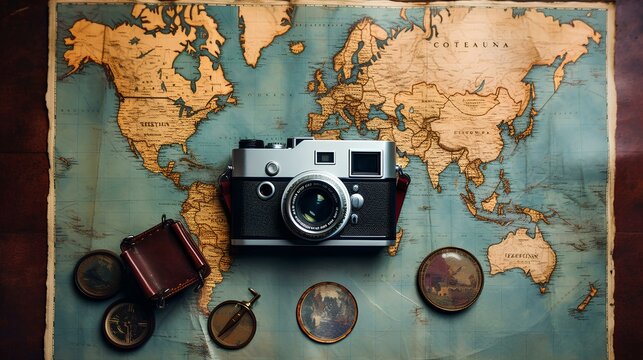 An overhead shot of a well-worn travel map and a vintage camera on a rich burgundy background, symbolizing adventurous journeys.