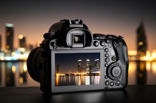 Professional digital camera capturing a mesmerizing city skyline at night, with vibrant lights reflecting on a calm river below. Space for text.