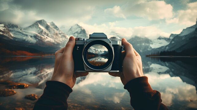 Strong male hands delicately framing a breathtaking landscape with a serene lake and majestic mountains through the lens of a digital camera.