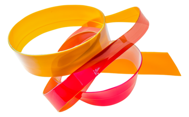 A red, yellow and orange ribbon is twisted and curled - stock png.