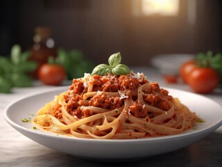 Pasta fettuccine bolognese with tomato sauce in white bowl, ultra-detailed photograph