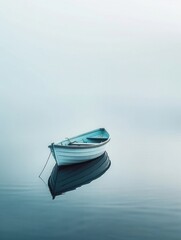 Small boat aura of empowerment soft blues low angle amidst calm morning waters - obrazy, fototapety, plakaty