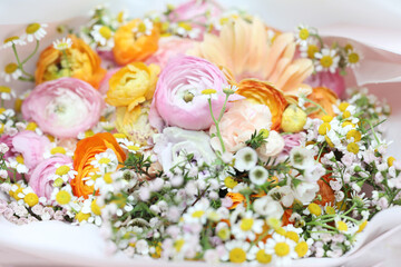 Mixed colorful flowers background, Bouquet of mixed flowers.