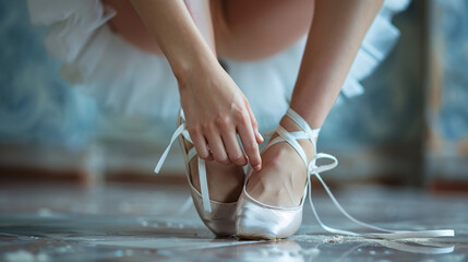 close-up of classic ballerina tightening her pointe shoe, ballet class