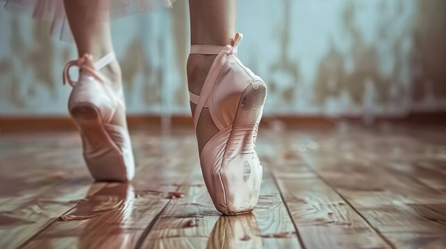 ballet dancer feet, pink pointe shoes closeup
