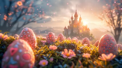 Fairy-tale castle with Easter decorations at dawn - obrazy, fototapety, plakaty