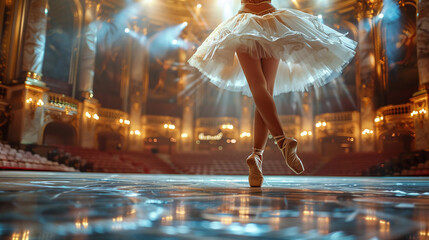 low angle view of classic ballerina on beautiful antique theater, ballet show, elegant