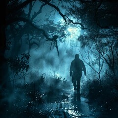 A lone man wanders through the eerie, moonlit forest, where ghostly whispers and chilling apparitions haunt the shadows. - obrazy, fototapety, plakaty