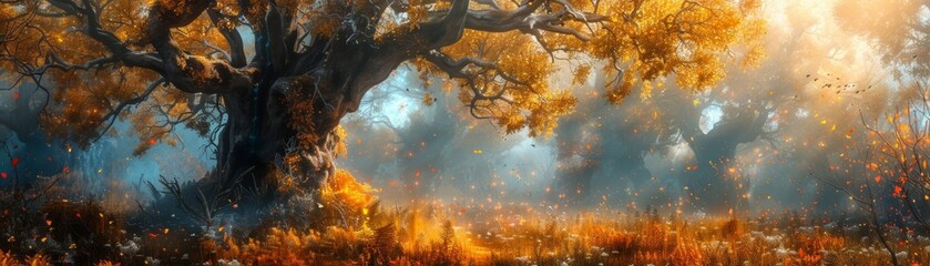 Mystical creatures roam freely in the enchanted forest, where towering oaks and warm autumn hues create a dreamlike fairytale world.