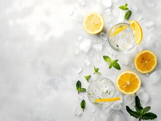 soda water, adorned with slices of lemon or other citrus fruits and sprigs of fresh mint herbs, set against a clean background