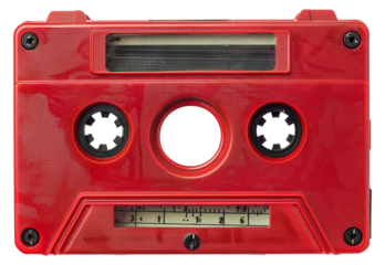 A red tape recorder with a white label, cut out - stock png.
