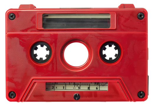 A red tape recorder with a white label, cut out - stock png.