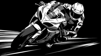 Hand drawn cartoon motorcycle racer black and white illustration
 - obrazy, fototapety, plakaty