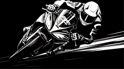 Hand drawn cartoon motorcycle racer black and white illustration
 - obrazy, fototapety, plakaty