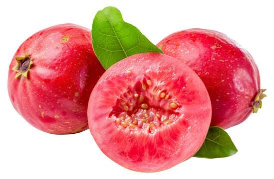 Three red fruits with one of them cut open, cut out - stock png.