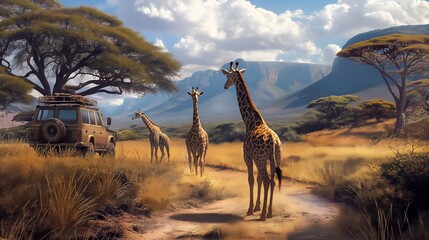 Into the Wild A Safari Tour Realistic Illustration, Where Every Step Unveils Nature Majestic Tapestry - obrazy, fototapety, plakaty