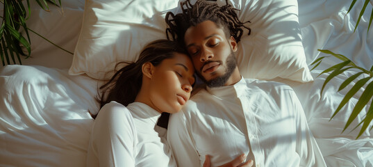 A peaceful image of a multiracial couple dressed in white, peacefully asleep on a bed. The image captures a tranquil moment and provides copy space for text or designs.