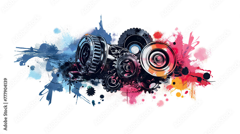 Wall mural poster of epic pistons and gears in minimalist abstract multicolour illustration