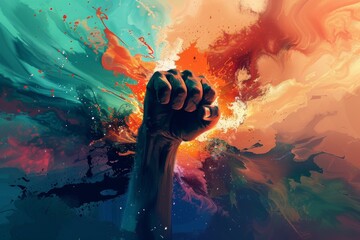 A fist surrounded by a protective aura, smashing into a representation of anxiety, visualized by abstract dark shapes, in a soothing color palette - obrazy, fototapety, plakaty
