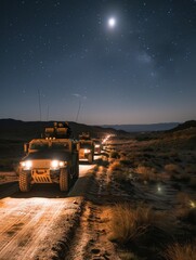 A line of armored trucks on a remote, moonlit desert path, ready for the nights mission