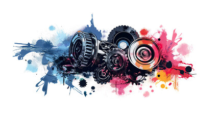Poster of epic Pistons and Gears in minimalist abstract multicolour illustration - obrazy, fototapety, plakaty