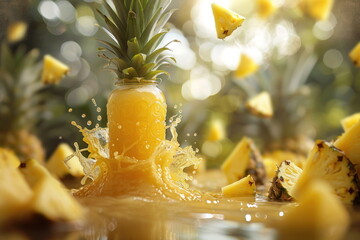 pineapple juice bottle with farm background