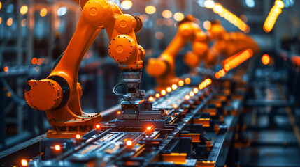 Orange robotic arms on an assembly line in an industrial setting, ai generated