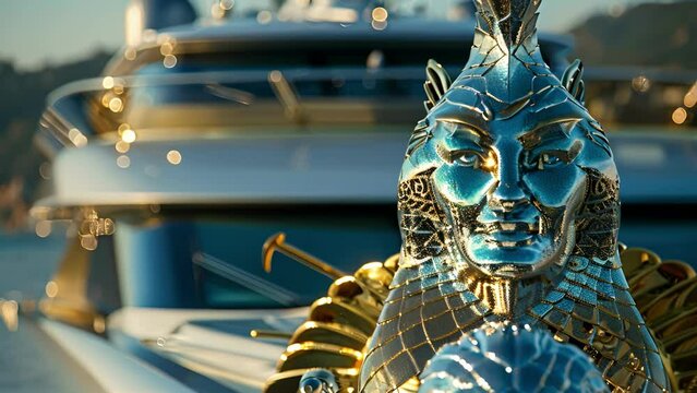 The bow of a luxurious yacht is adorned with a dramatic figurehead its sculpted body covered in shimmering metallic scales and topped with a majestic golden head.