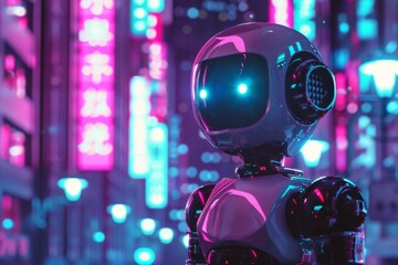A cute but wicked robot causing playful chaos, set against a backdrop of neonlit futuristic city in soft pastel tones - obrazy, fototapety, plakaty
