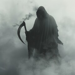 A grim reaper, scythe in hand, emerges from the mist, his cloak billowing in an unseen, malevolent wind - obrazy, fototapety, plakaty